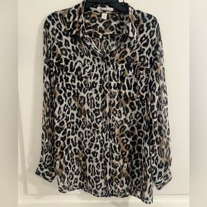 Kenneth Cole New York Animal Print Sheer Blouse Button Up Camp Shirt Medium